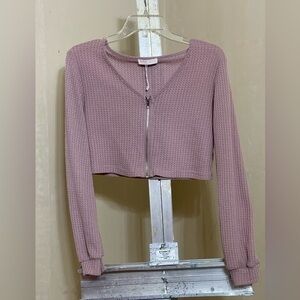 ROMWE PINK FRONT ZIP V NECK WAFFLE CROP TOP SZ SMALL